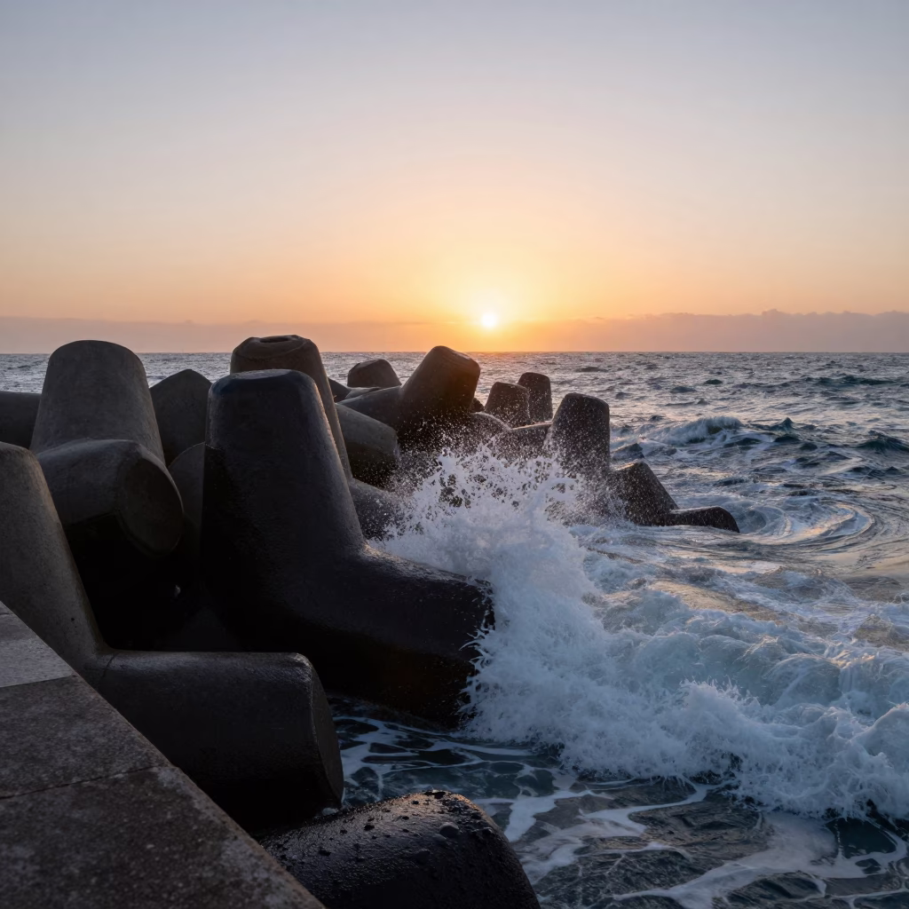 Dawn Light on Casablanca Breakwater Tetrapods and Atlantic Spray in in Casablanca, Morocco