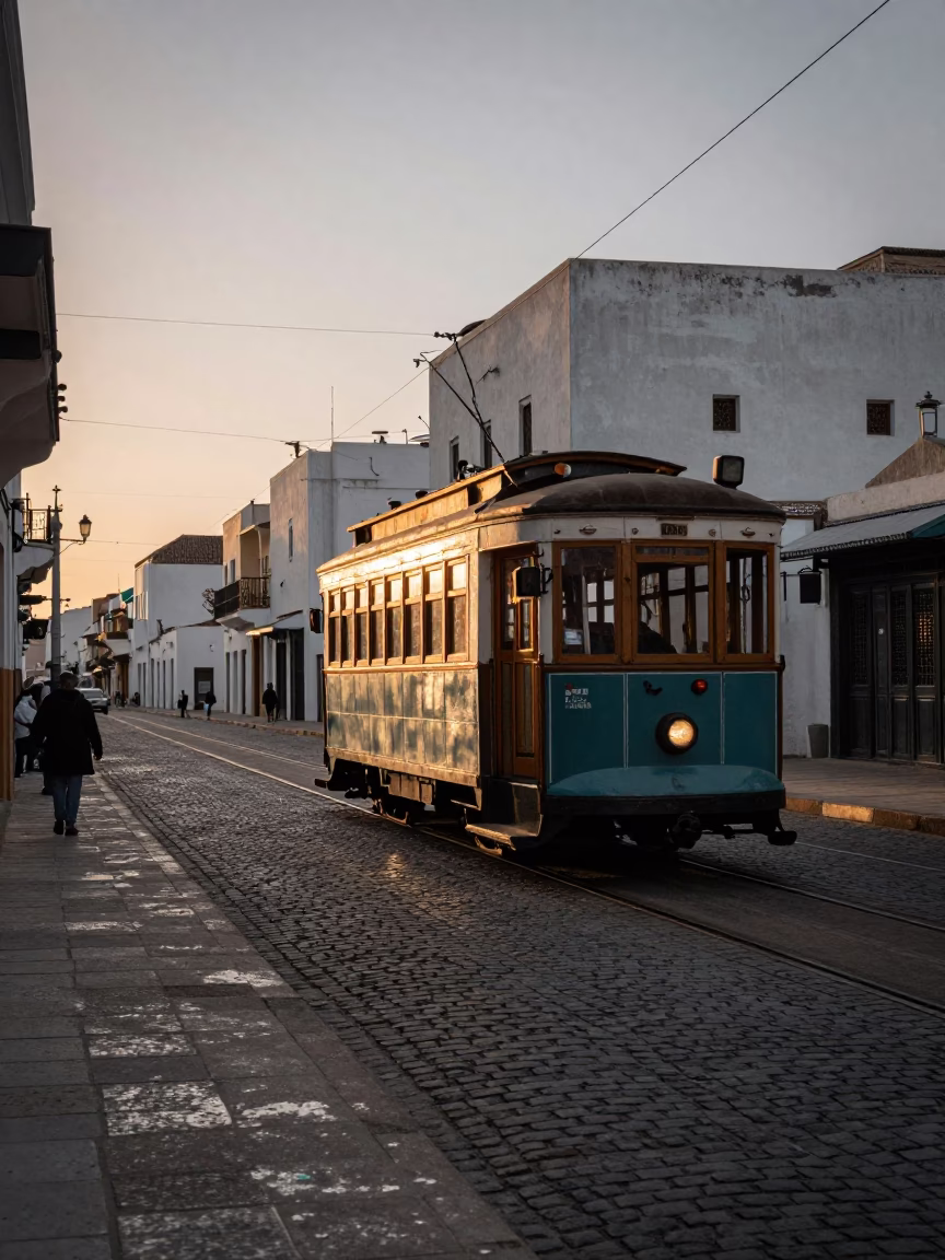 Dawn Light on Casablanca Cobblestones with Vintage Tram and Wet Footsteps in in Casablanca, Morocco