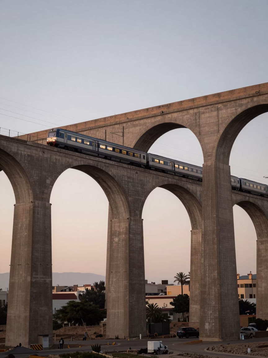 Dawn Light on Casablanca Railway Viaduct Arches with Passing Train in in Casablanca, Morocco