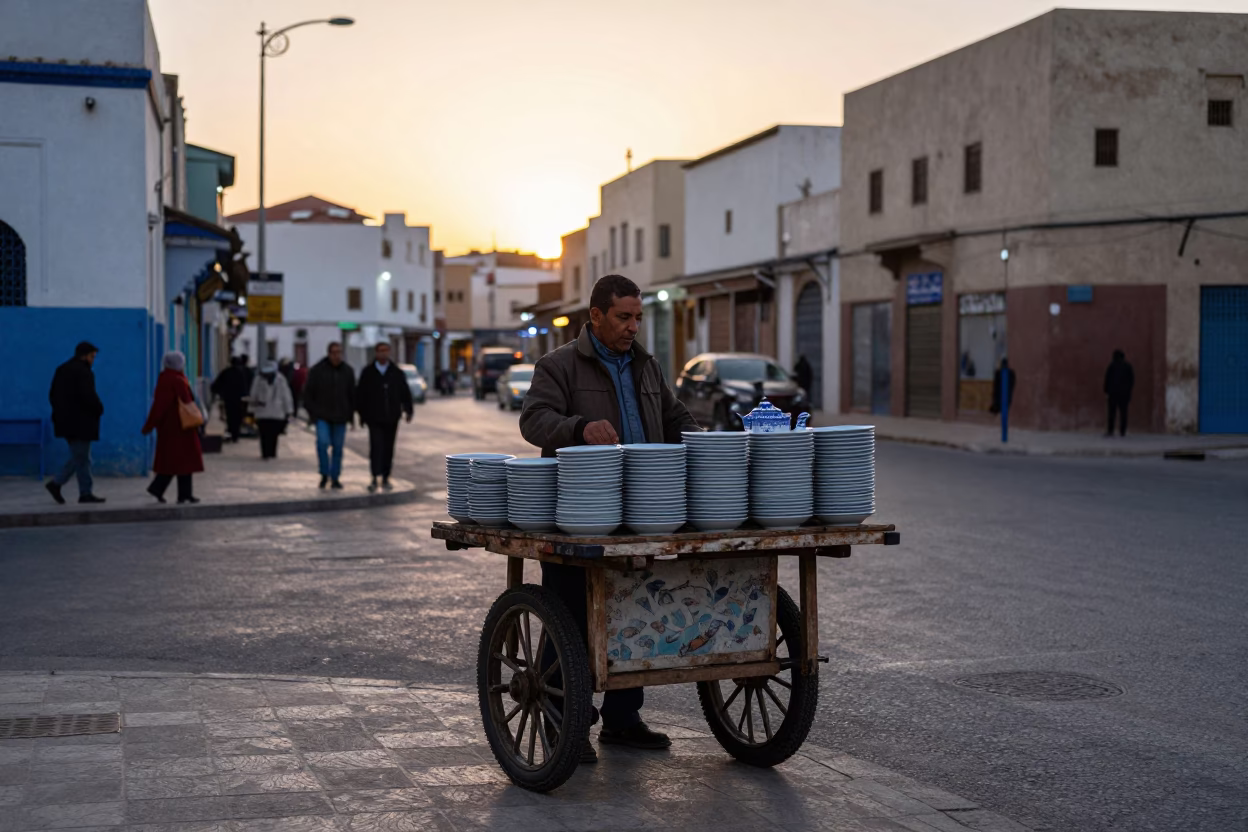 Dawn Light on Casablanca Street Corner with Blue Porcelain and Vintage Tiffin Tin in in Casablanca, Morocco