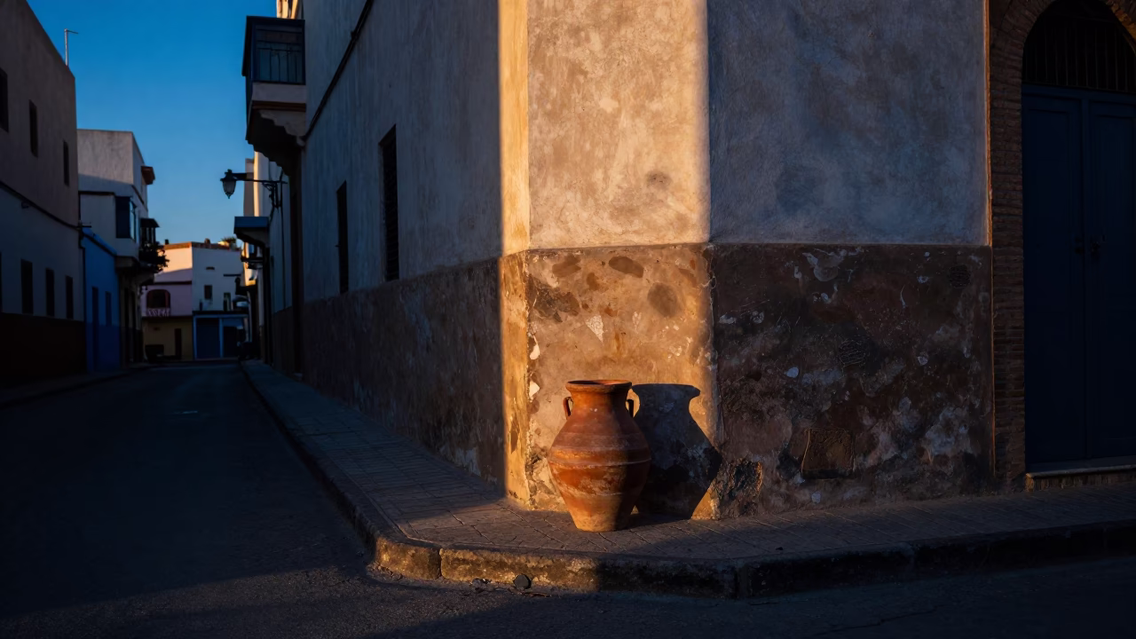 Dawn light on Casablanca street corner with terracotta pot and echeveria rosette in in Casablanca, Morocco