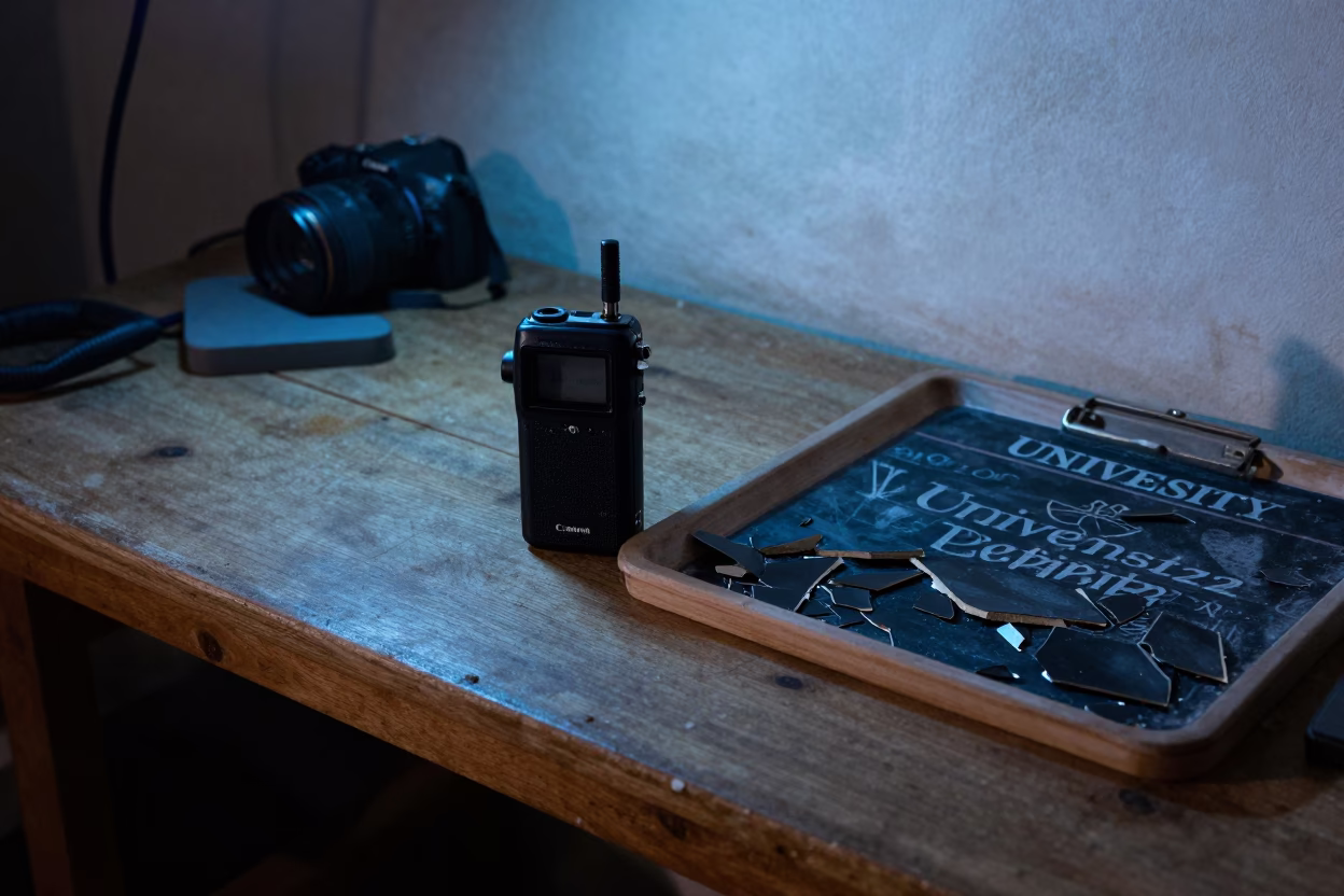 Dawn light on Casablanca workbench with recorder and broken chalk stubs in in Casablanca, Morocco