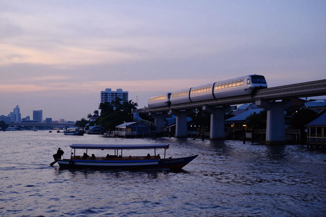 Dawn Light on Chao Phraya River with Monorail and Traditional Junk Boat in in Bangkok, Thailand