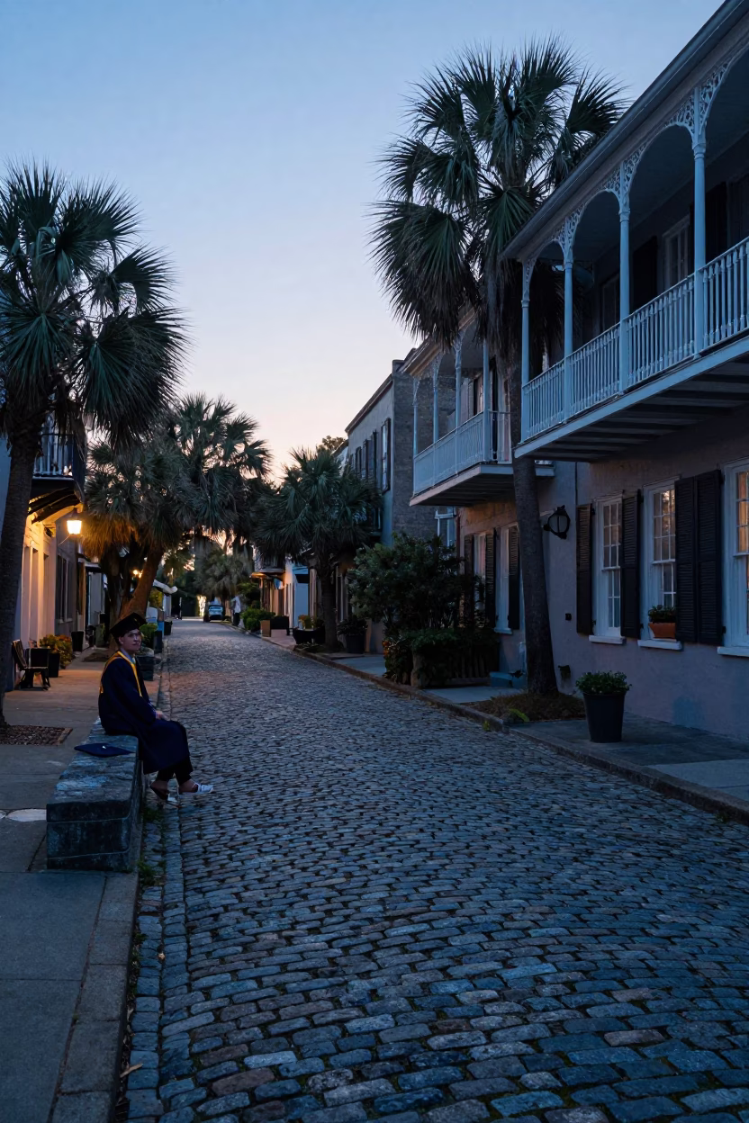 Dawn Light on Charleston Cobblestone Street with Graduation Cap and Programs in in Charleston, South Carolina, United States