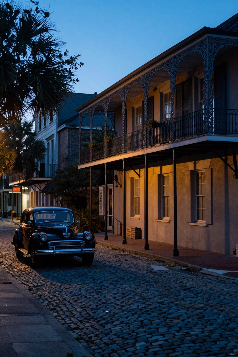 Dawn Light on Charleston Cobblestone Street with Vintage Car and Local Architecture in in Charleston, South Carolina, United States