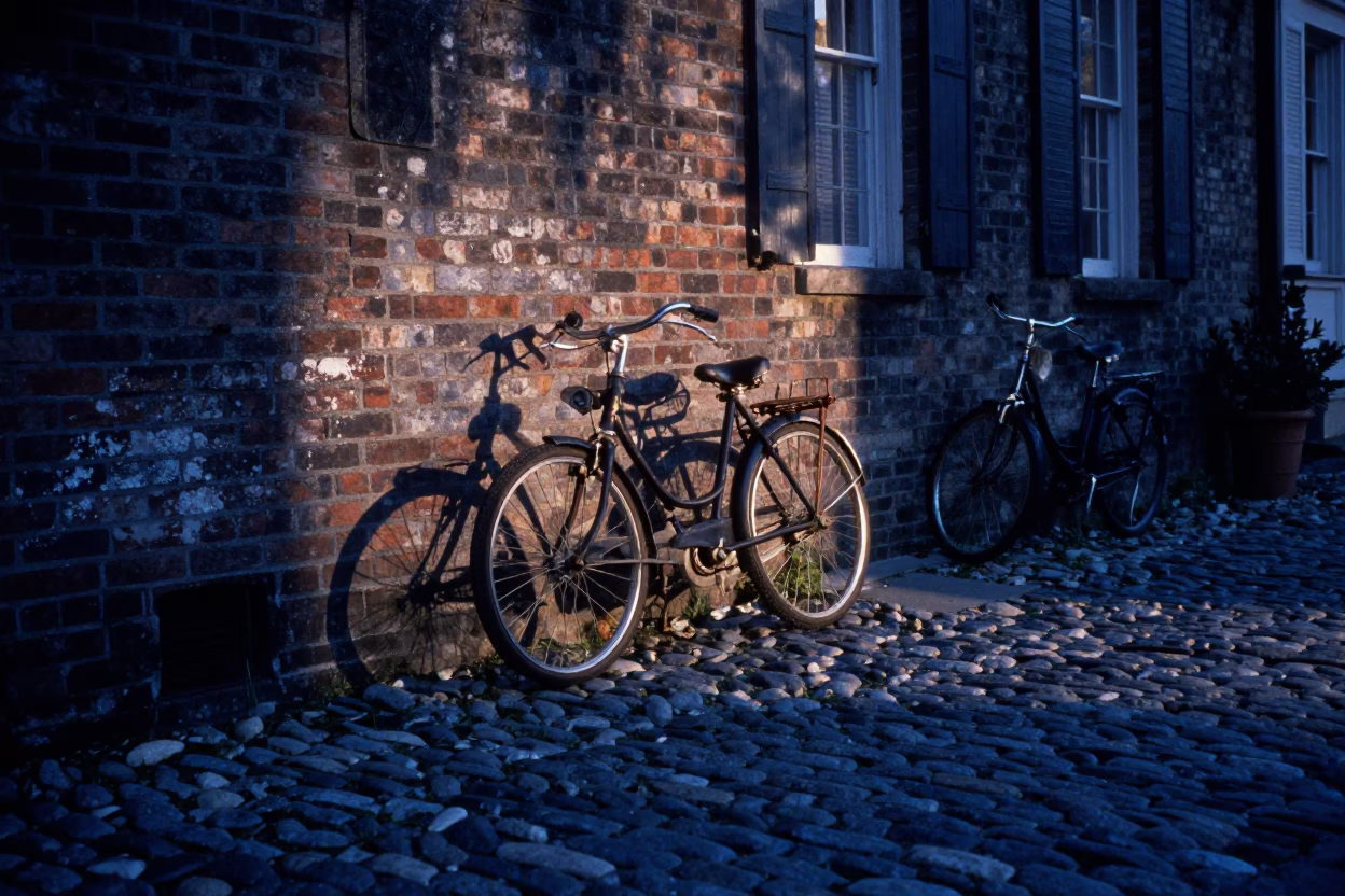 Dawn light on Charleston cobblestones with vintage bicycle and taxi rank in in Charleston, South Carolina, United States