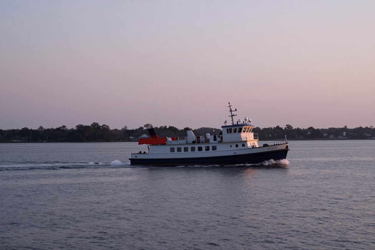 Dawn light on Charleston harbor with pilot boat navigating early morning waters in in Charleston, South Carolina, United States