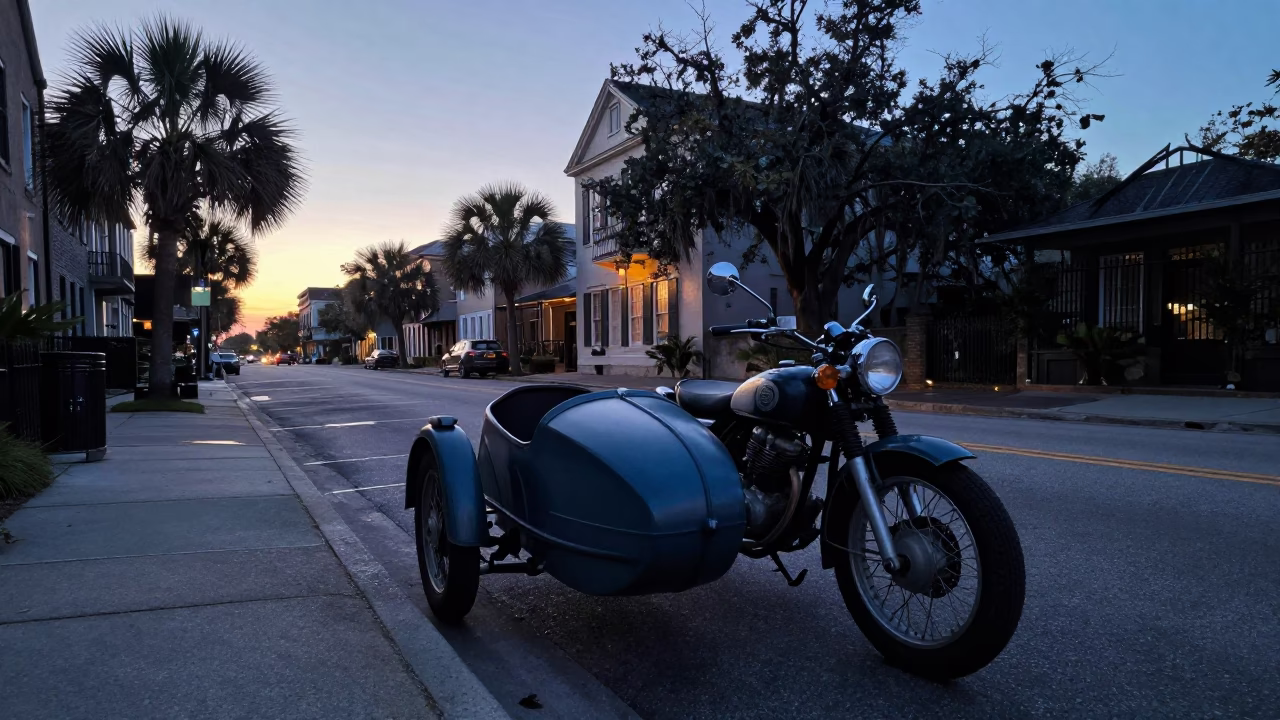Dawn Light on Charleston Street with Vintage Motorcycle and Sidecar in in Charleston, South Carolina, United States