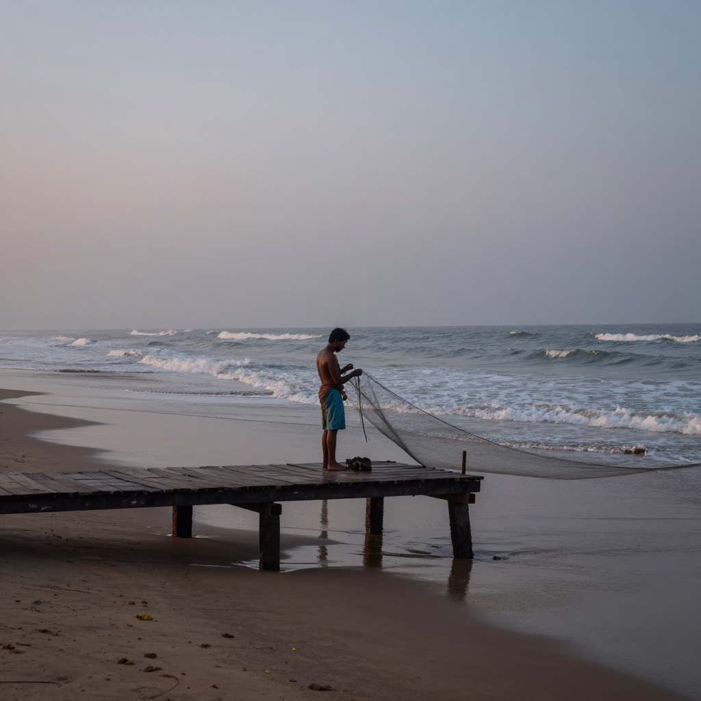 Dawn Light on Chennai Marina Beach Fisherman Mending Nets on Wooden Wharf in in Chennai, India