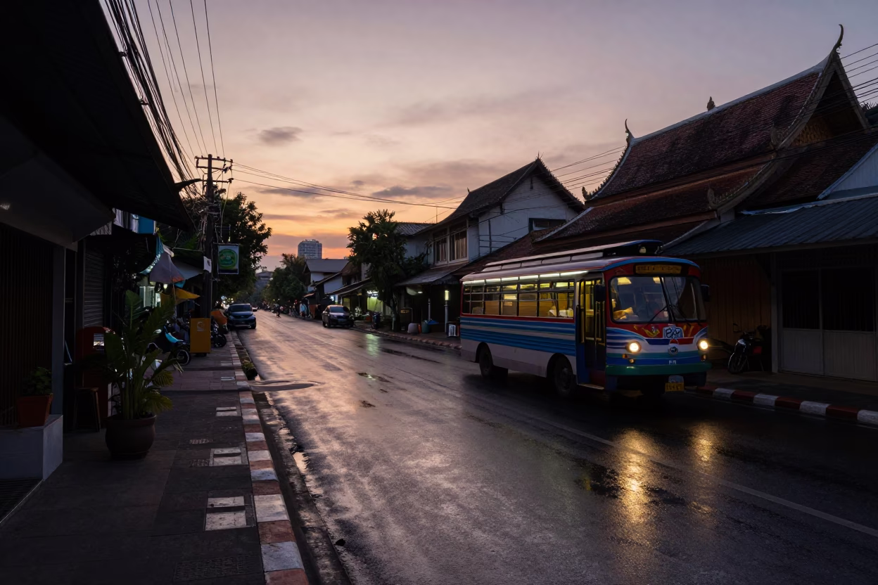 Dawn Light on Chiang Mai Street with Cable Car and Succulents in in Chiang Mai, Thailand