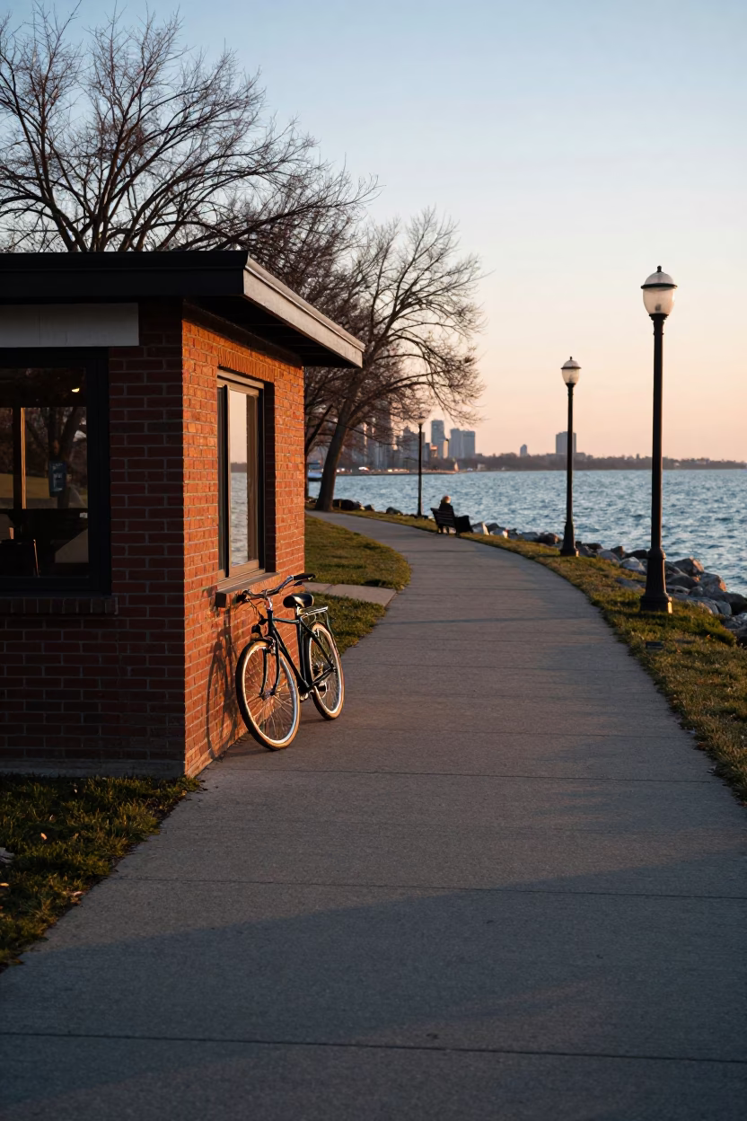 Dawn light on Chicago Lakefront Trail with bicycle leaning against brick building in in Chicago, Illinois, United States