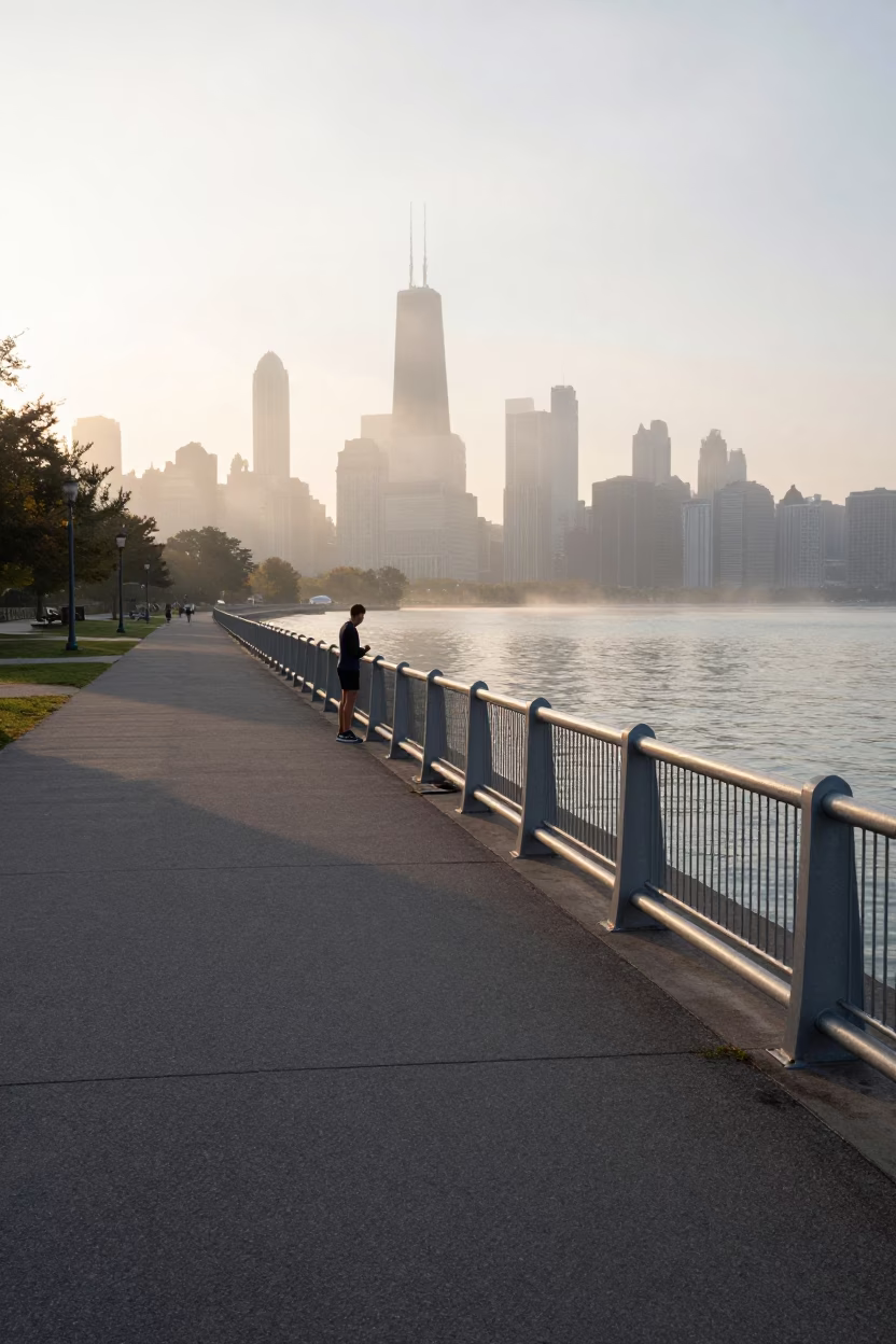 Dawn Light on Chicago Lakefront Trail with Coffee and City Skyline Views in in Chicago, Illinois, United States