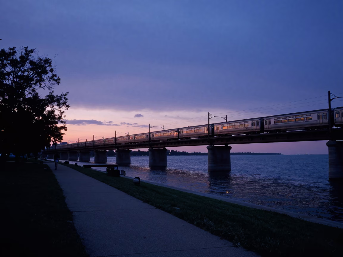 Dawn Light on Chicago Lakefront Trail with Commuter Train Crossing Bridge in in Chicago, Illinois, United States