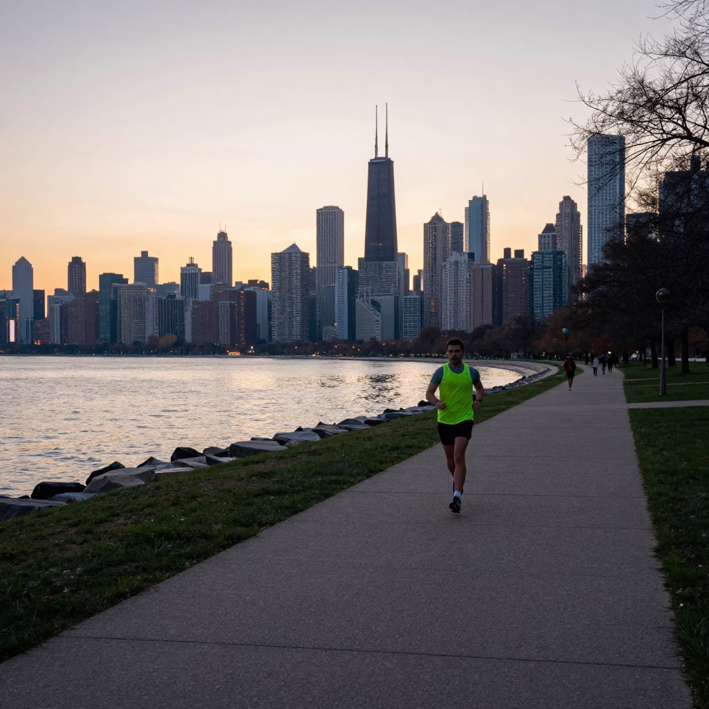 Dawn Light on Chicago Lakefront Trail with Water Treatment Basin Reflections in in Chicago, Illinois, United States