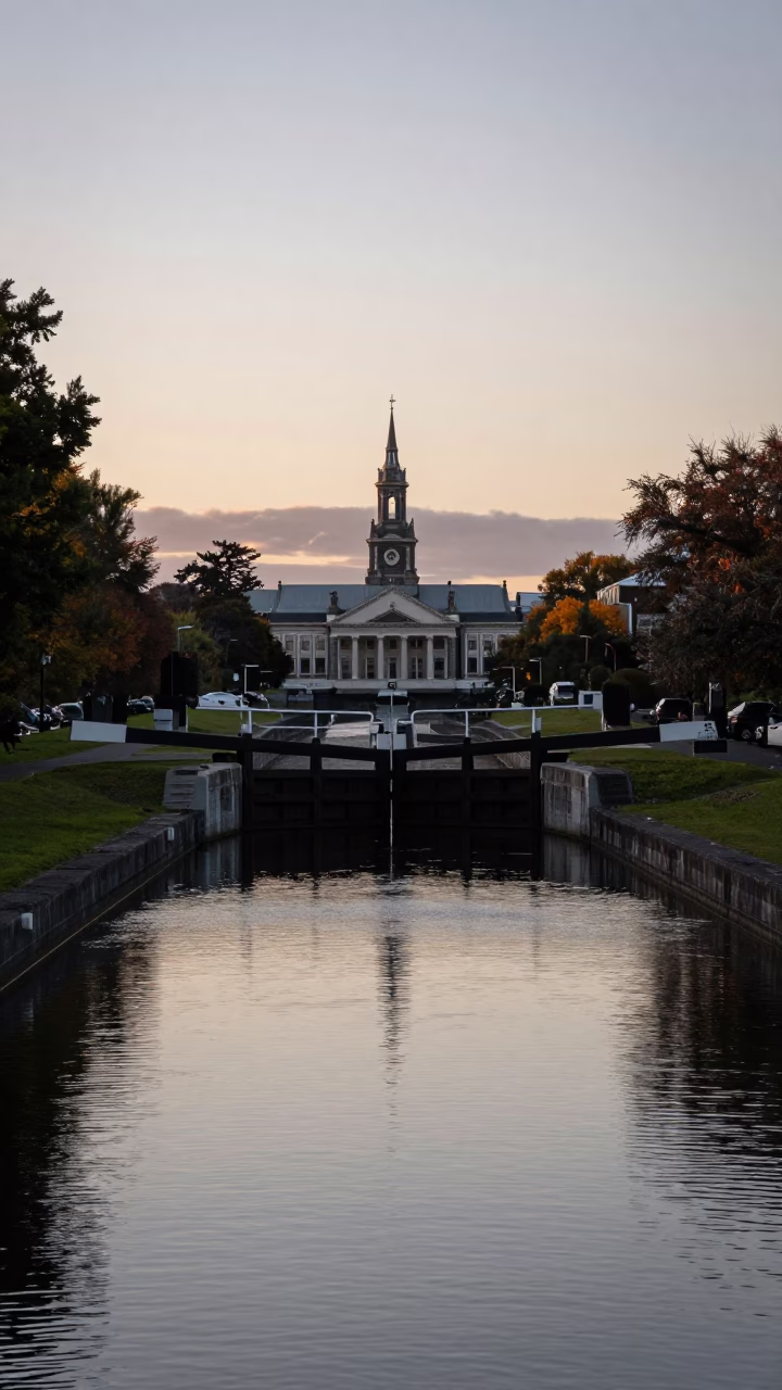 Dawn Light on Christchurch Avon River and Historic Canal Locks in in Christchurch, New Zealand
