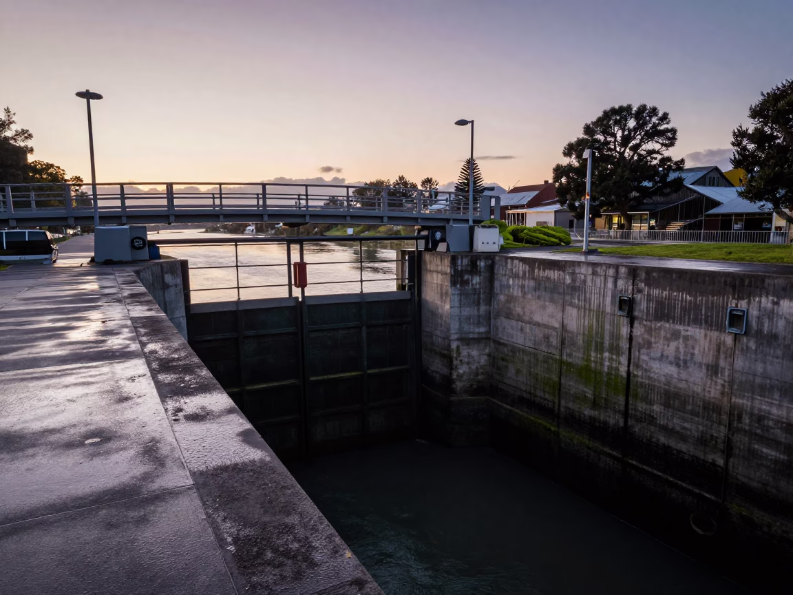 Dawn light on Christchurch Avon River floodgates and drawbridge infrastructure before sunrise in in Christchurch, New Zealand