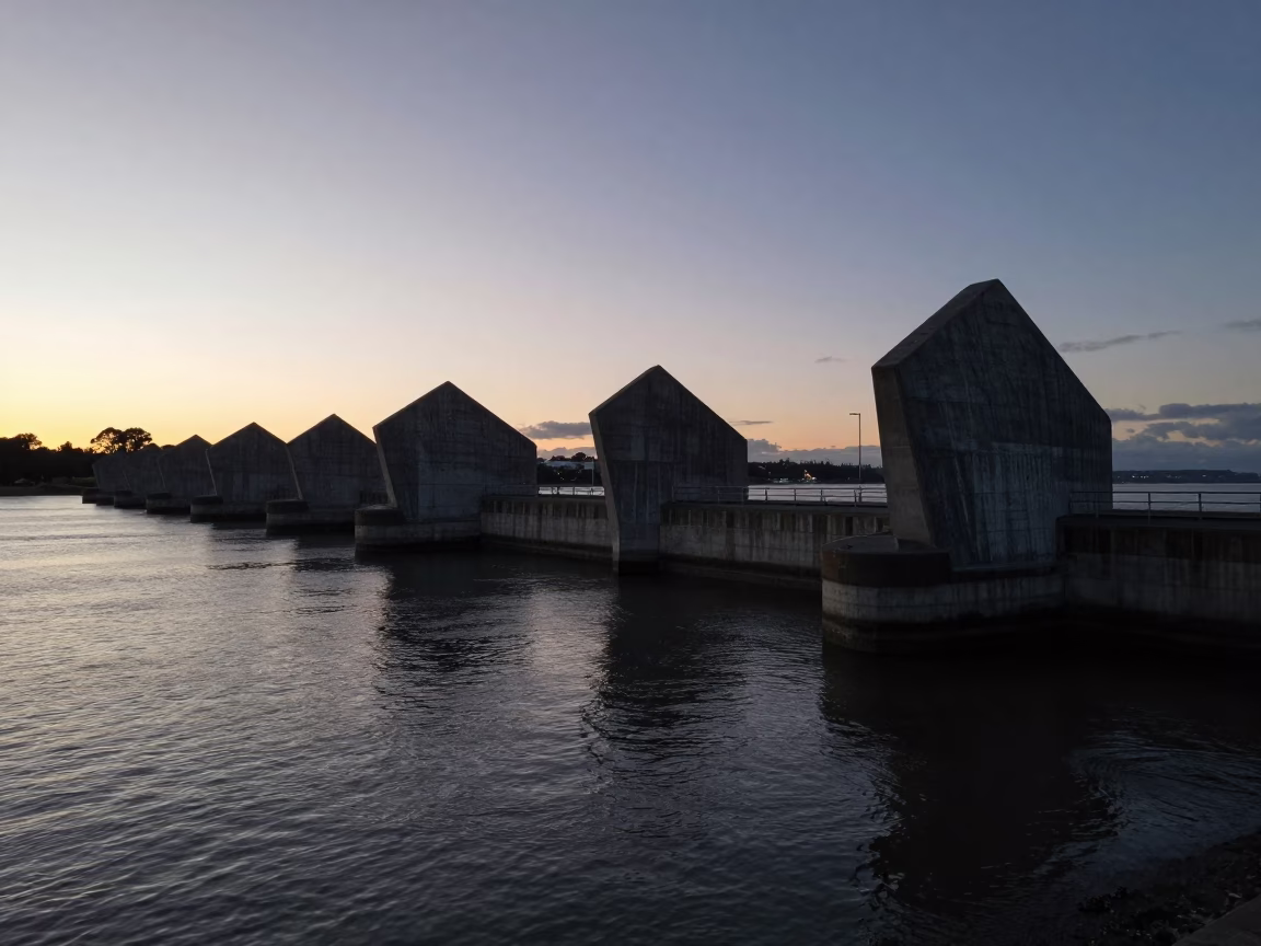 Dawn Light on Christchurch Avon River Storm Surge Barrier and Riverbanks in in Christchurch, New Zealand