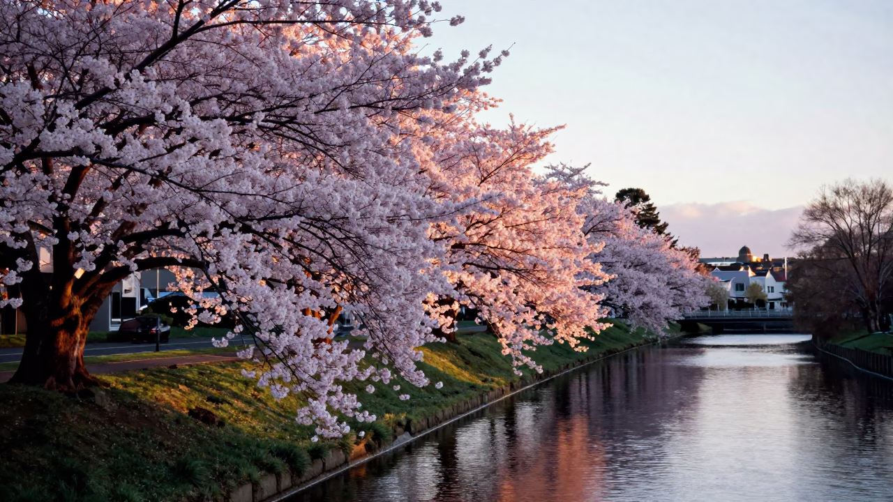 Dawn Light on Christchurch Avon River with Cherry Trees and Urban Activity in in Christchurch, New Zealand