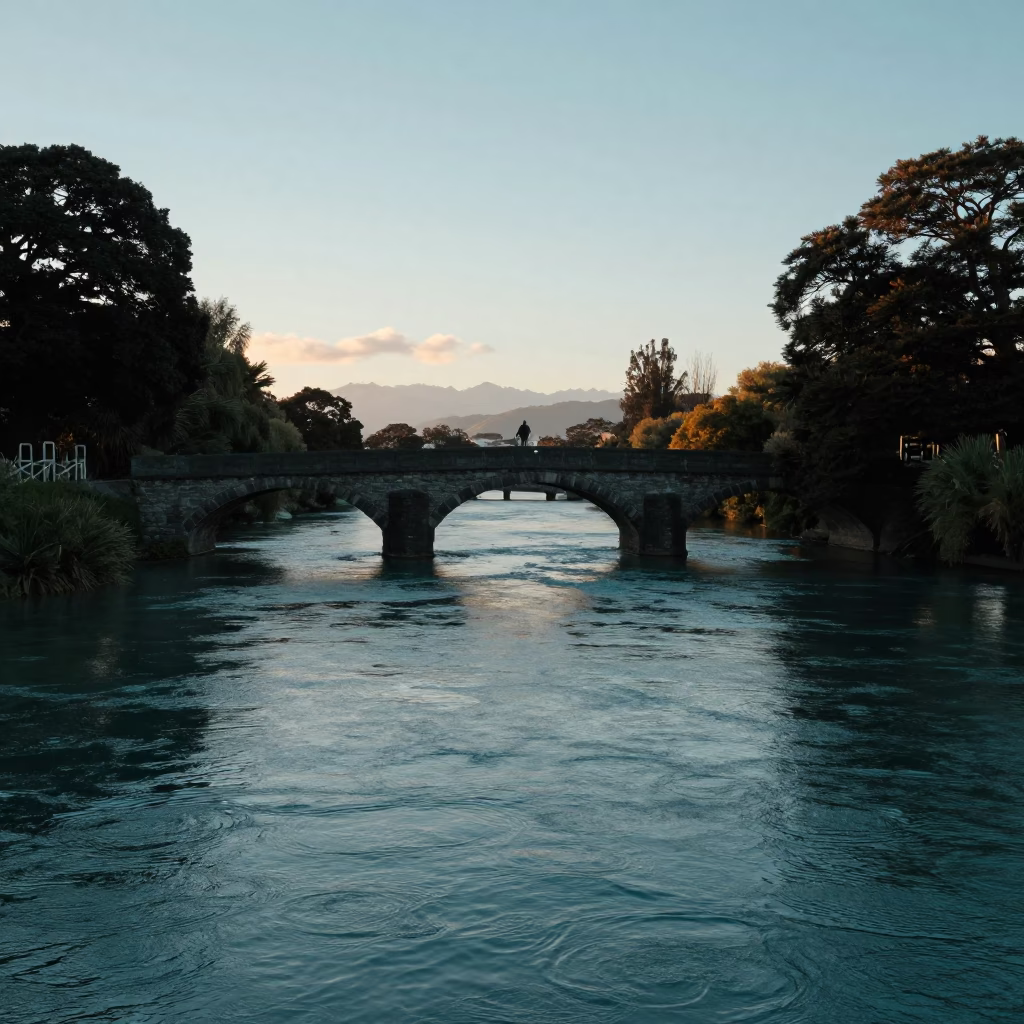 Dawn Light on Christchurch Avon River with Teal Water and City Skyline Reflections in in Christchurch, New Zealand