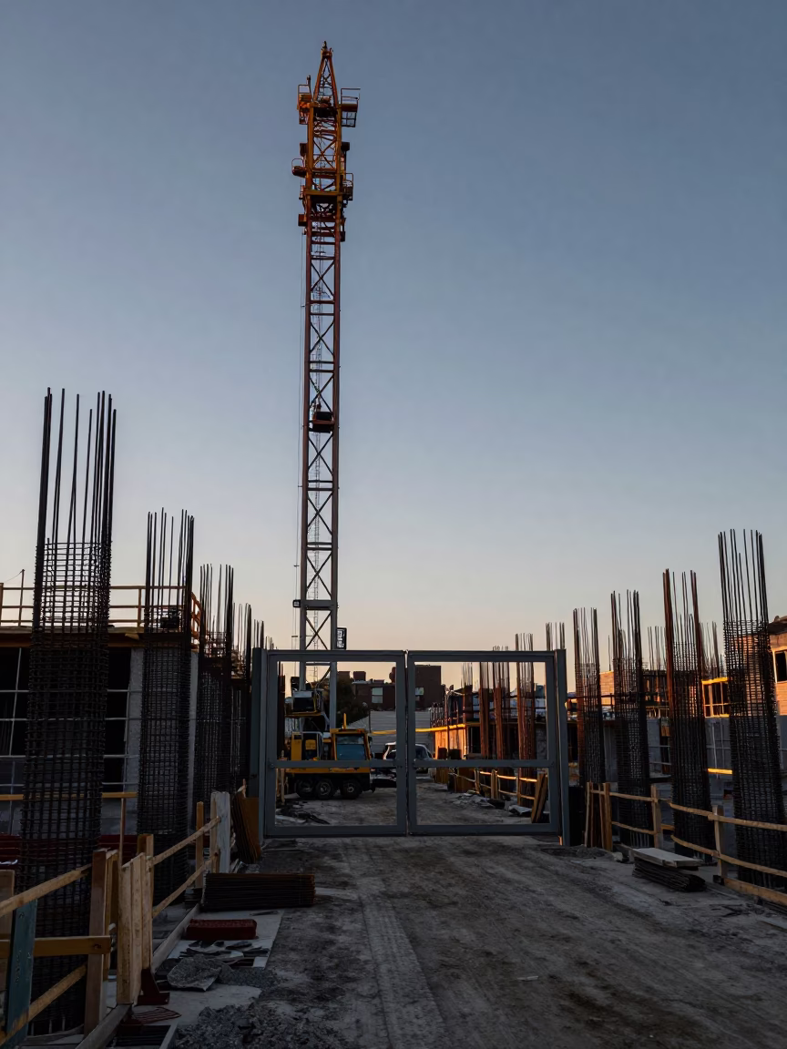 Dawn Light on Christchurch Construction Site with Rebar Bundles and Elevator Gate in in Christchurch, New Zealand