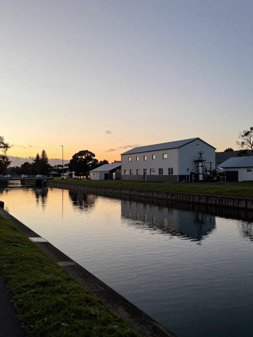 Dawn Light on Christchurch Lifting Station Canal Infrastructure and River Water in in Christchurch, New Zealand