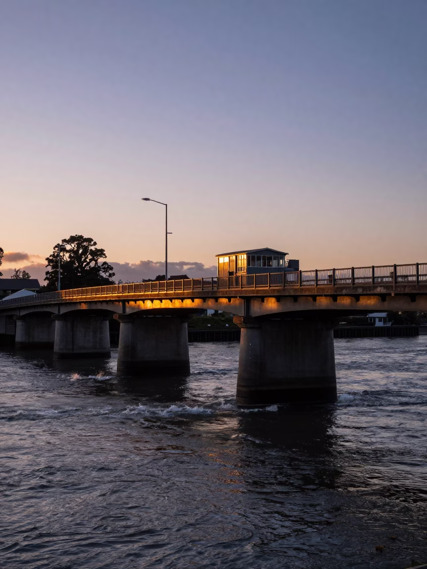 Dawn Light on Christchurch River Bridge Pier Splits Brown Water Before Sunrise in in Christchurch, New Zealand