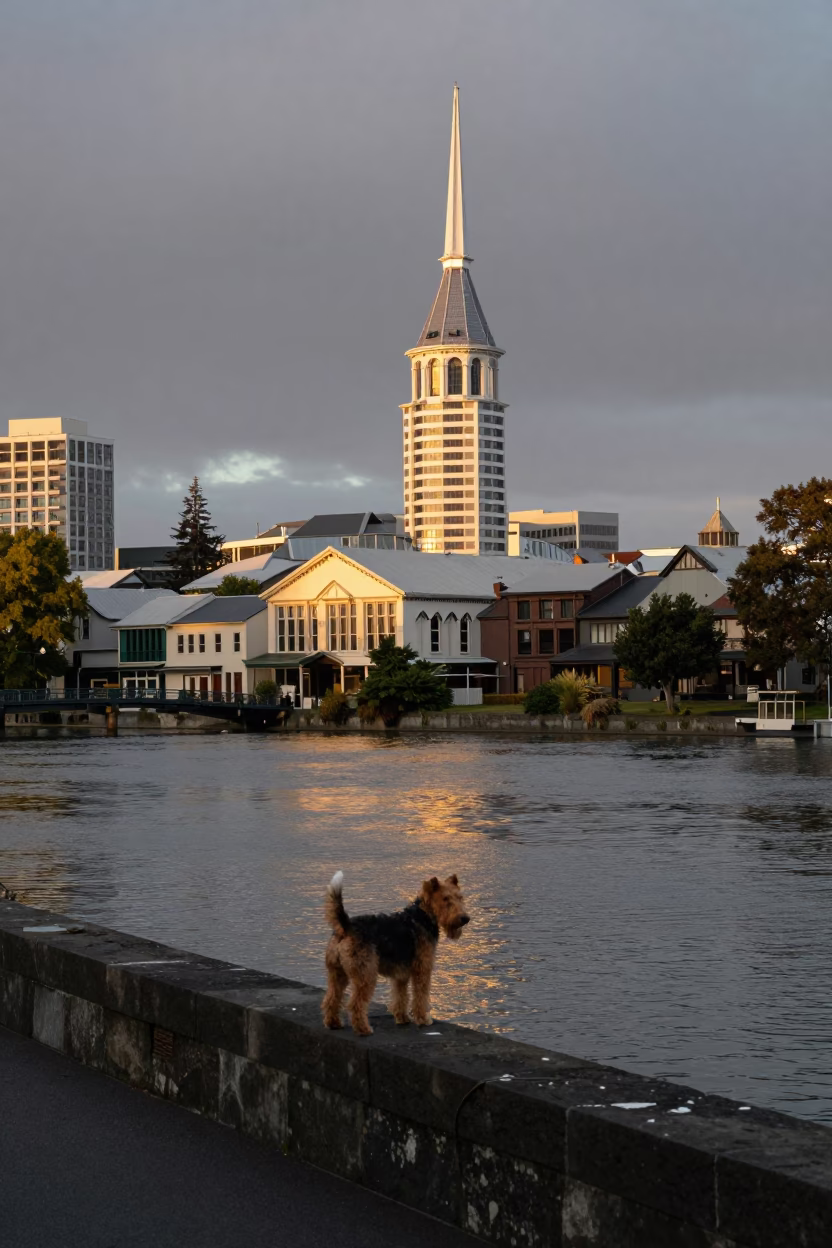 Dawn Light on Christchurch Riverfront with Vintage 1980s Architecture and Local Street Details in in Christchurch, New Zealand