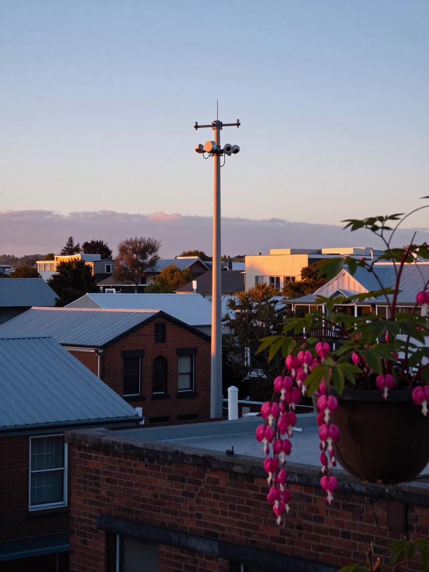 Dawn Light on Christchurch Rooftops with Telegraph Mast and Vine Blooms in in Christchurch, New Zealand