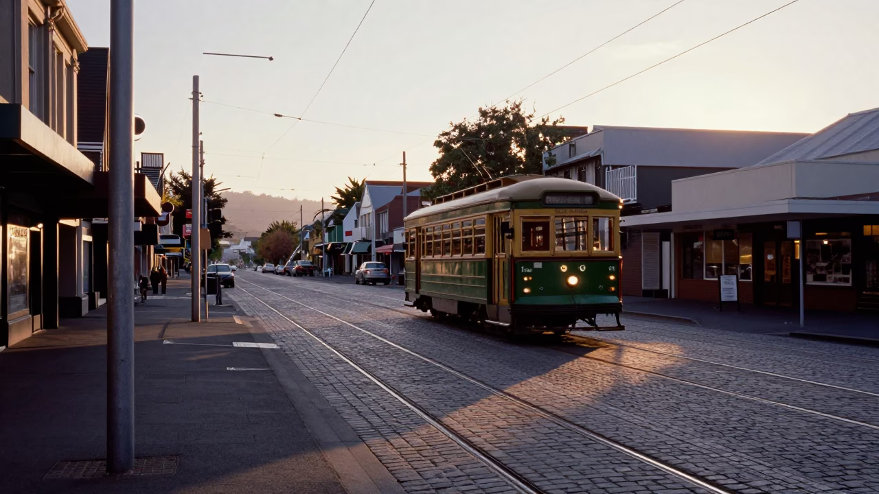 Dawn light on Christchurch streets with tram tracks and historic architecture in in Christchurch, New Zealand