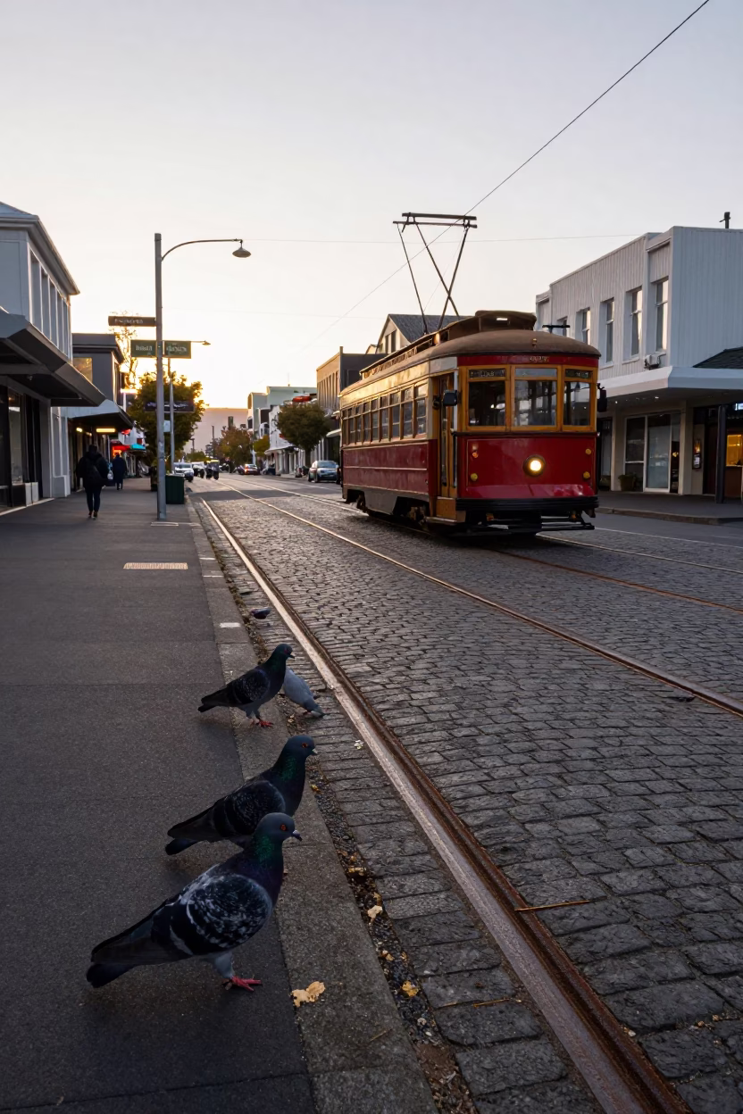Dawn light on Christchurch tram tracks with pigeons and city architecture in in Christchurch, New Zealand