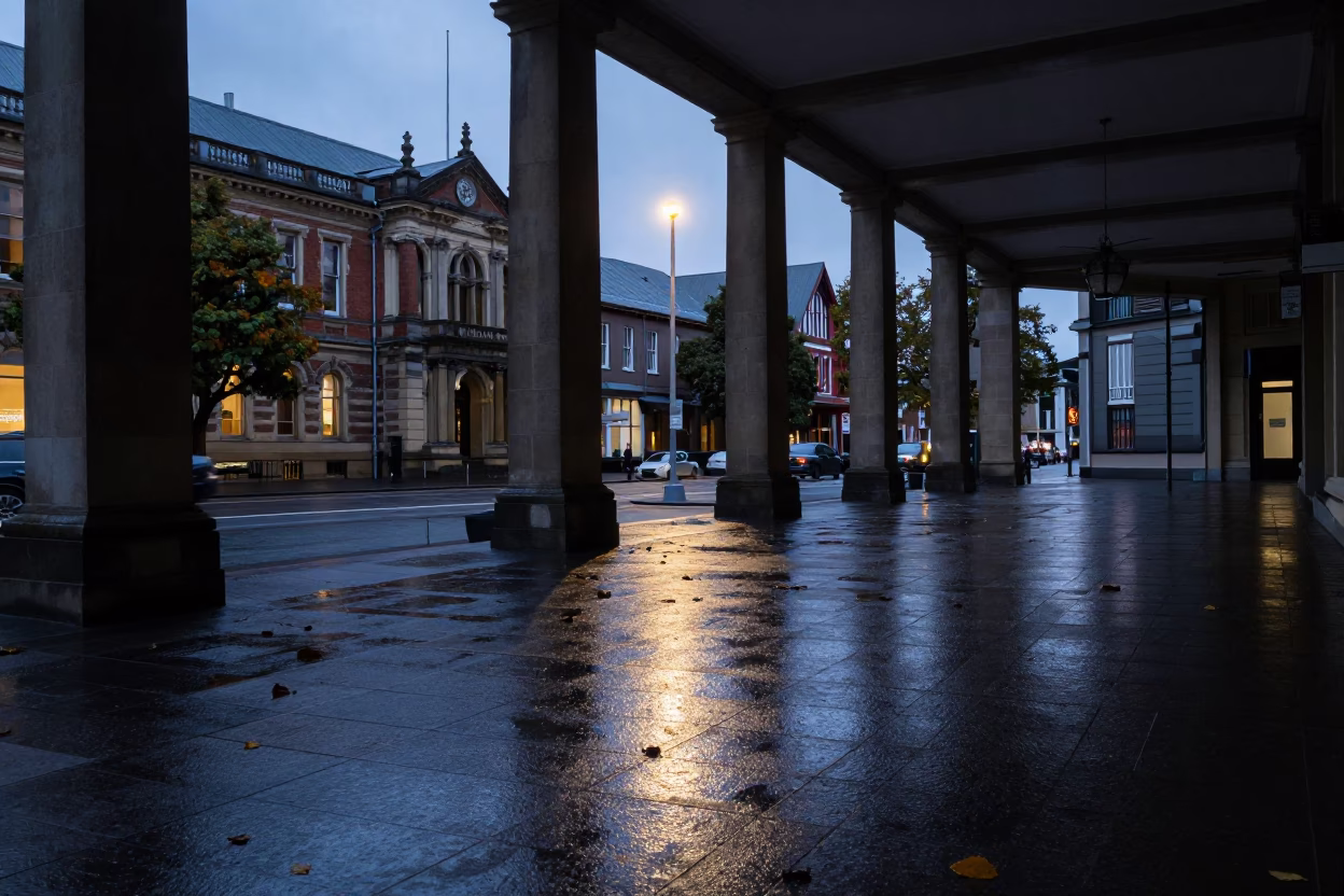 Dawn Light on Christchurch University Arcade Wet Leaves and Vintage Architecture in in Christchurch, New Zealand