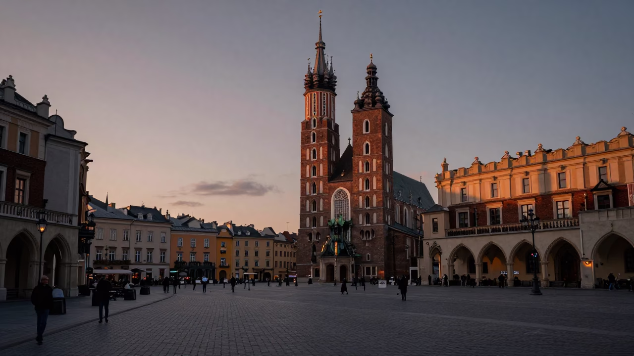 Dawn Light on Cobblestone Main Square with Historic Cloth Hall Facade in Krakow Poland in in Krakow, Poland