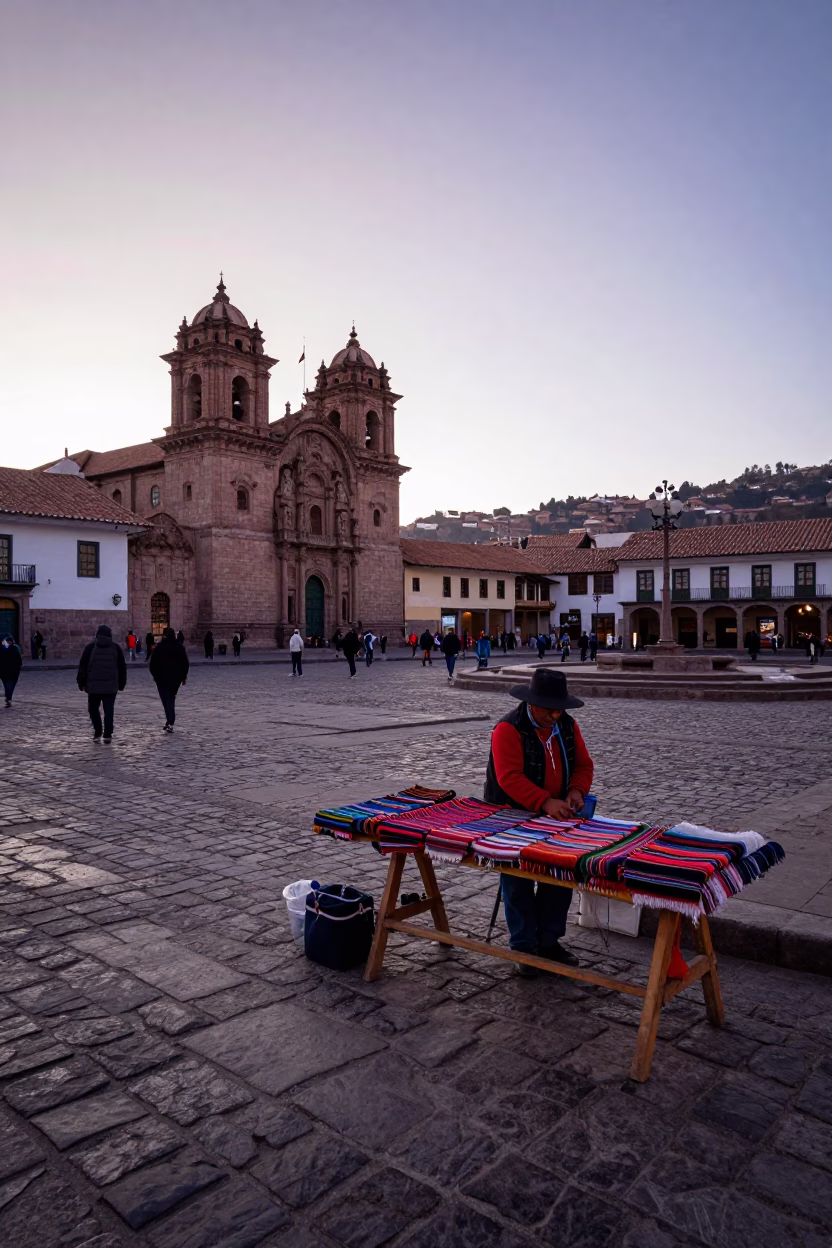 Dawn light on cobblestone plaza with vendor and Andean textiles in Cusco Peru in in Cusco, Peru