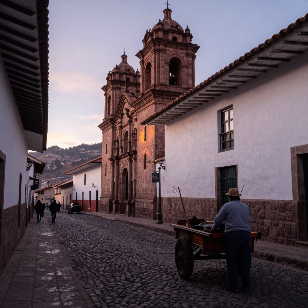 Dawn Light on Cobblestone Street in Cusco Peru with Traditional Stone Architecture in in Cusco, Peru
