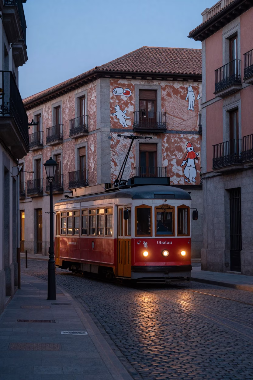 Dawn Light on Cobblestone Street with Heritage Tram and Cracked Stucco in Madrid in in Madrid, Spain