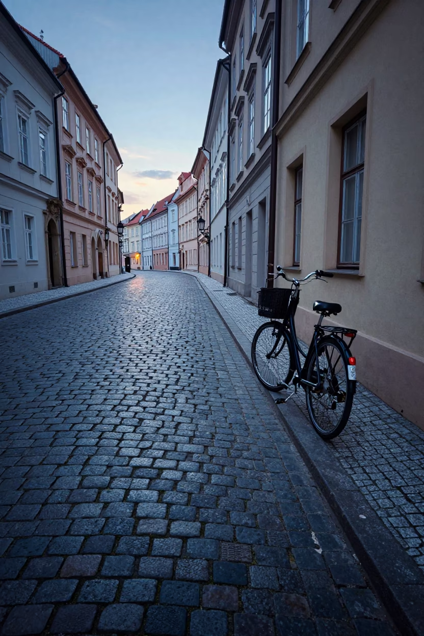 Dawn light on cobblestone street with parked bicycle and shop window in in Prague, Czech Republic