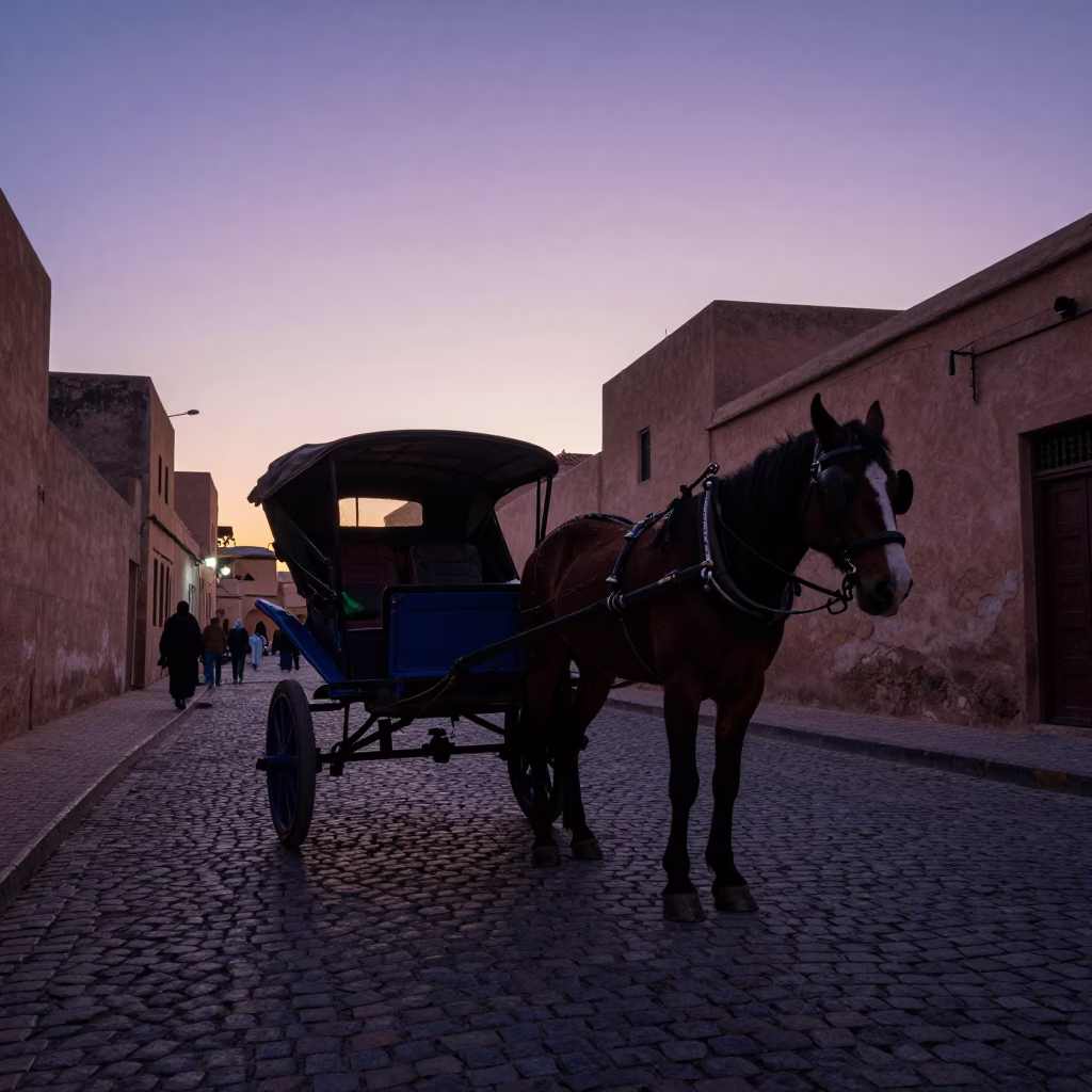 Dawn Light on Cobblestone Streets in Fez Morocco with Horse Drawn Cart in in Fez, Morocco