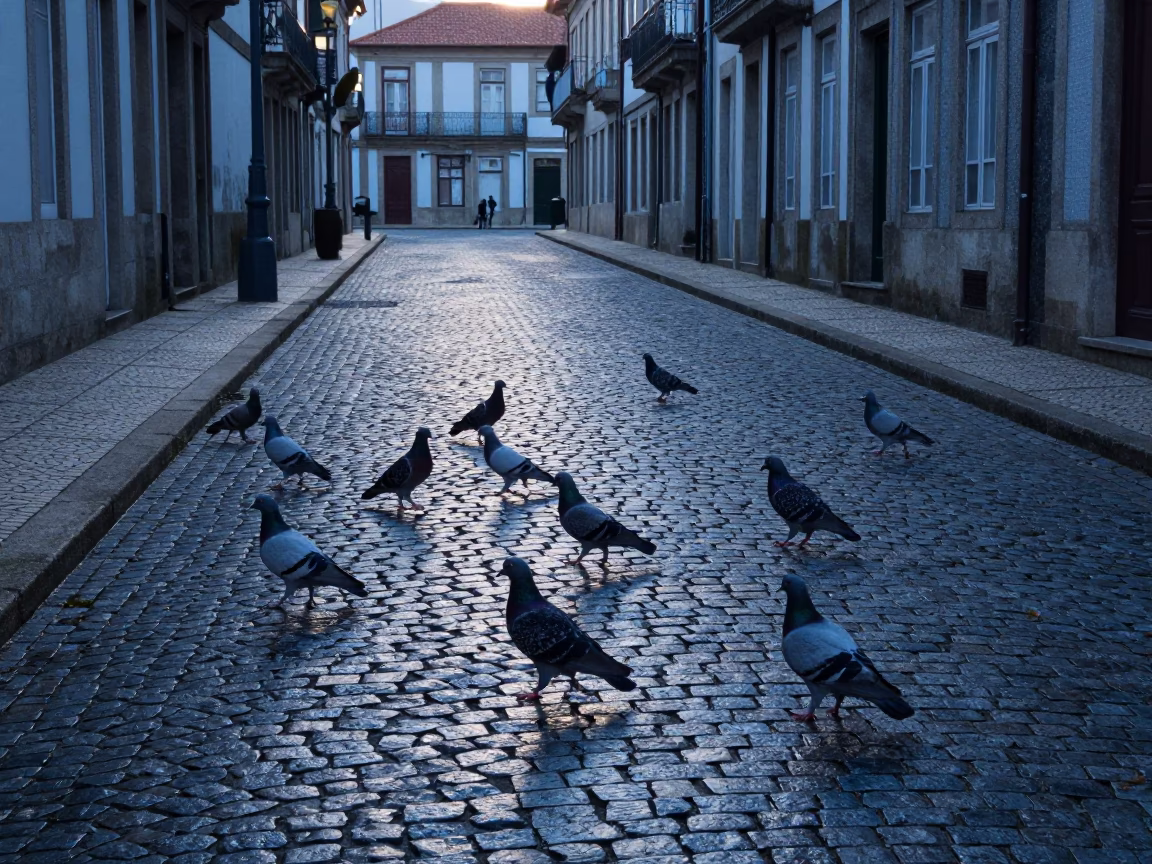 Dawn Light on Cobblestone Streets of Porto Portugal with Pigeons and Scaffolding in in Porto, Portugal