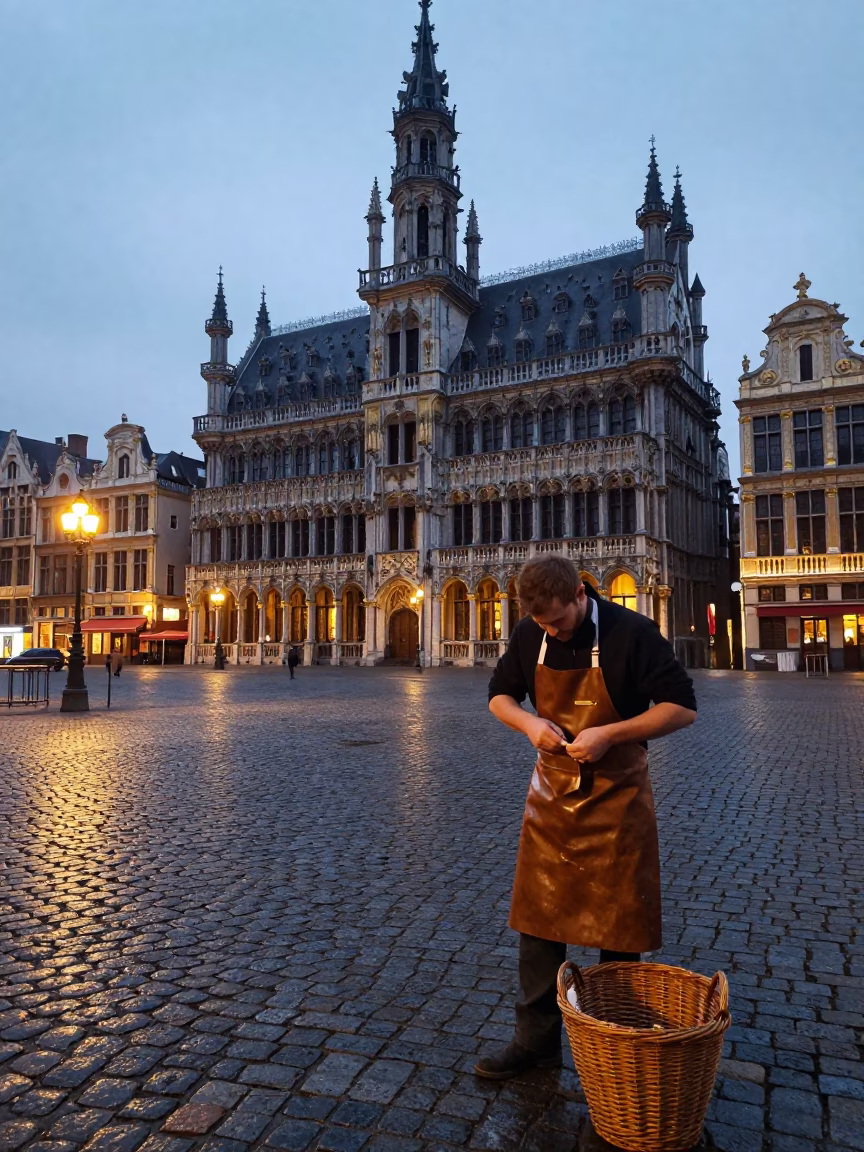 Dawn Light on Cobblestones in Brussels Belgium Near Historic Town Hall in in Brussels, Belgium