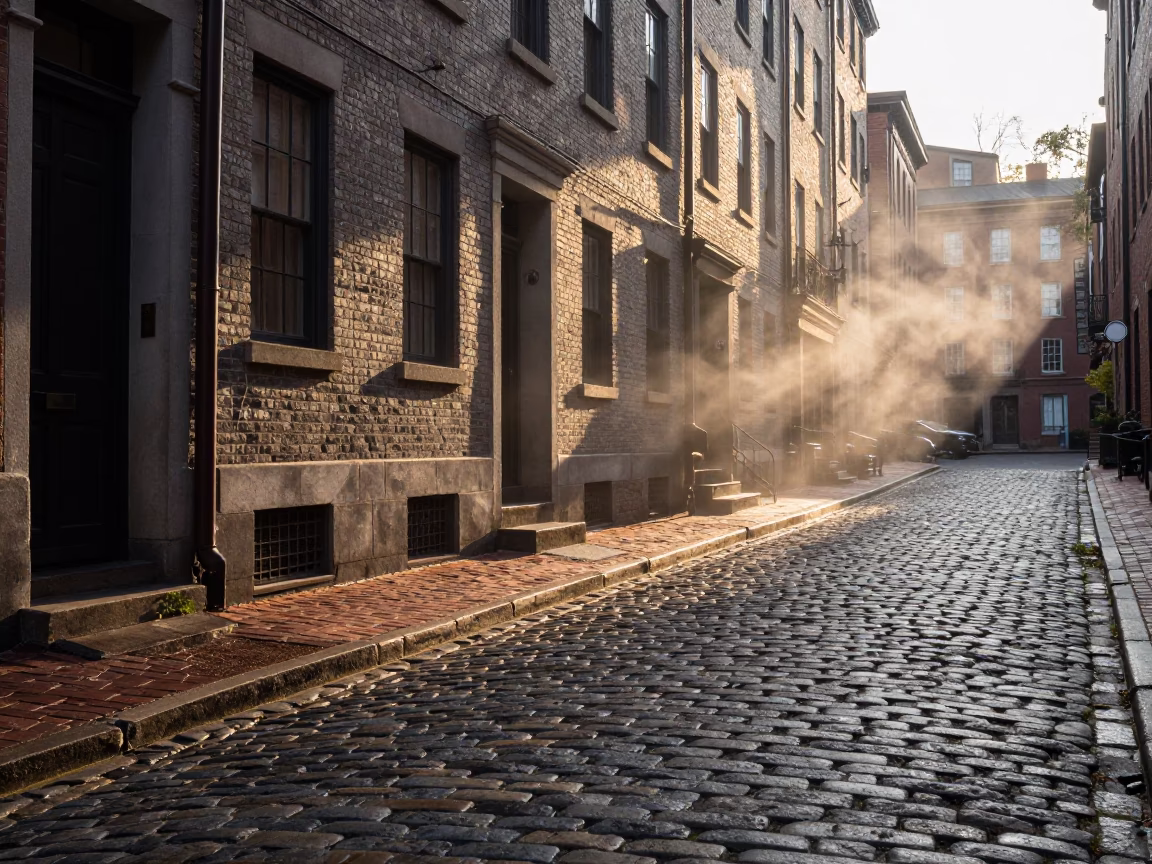 Dawn Light on Cobblestones with Steam and Vintage Boston Street Scene in in Boston, Massachusetts, United States