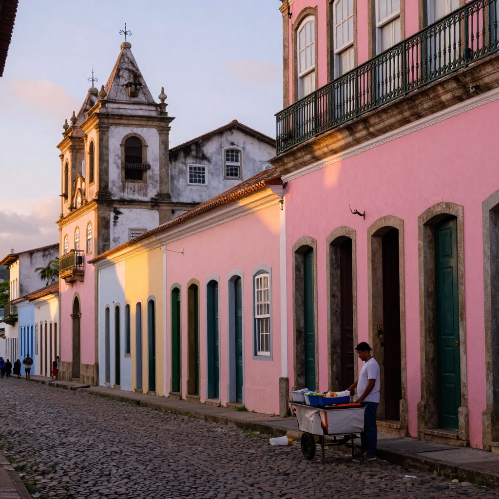 Dawn light on colonial architecture in Salvador Brazil with street vendor and broom in in Salvador, Brazil