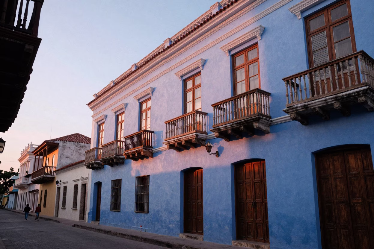 Dawn Light on Colonial Balconies and Turnbuckle in Cartagena Colombia Street Scene in in Cartagena, Colombia