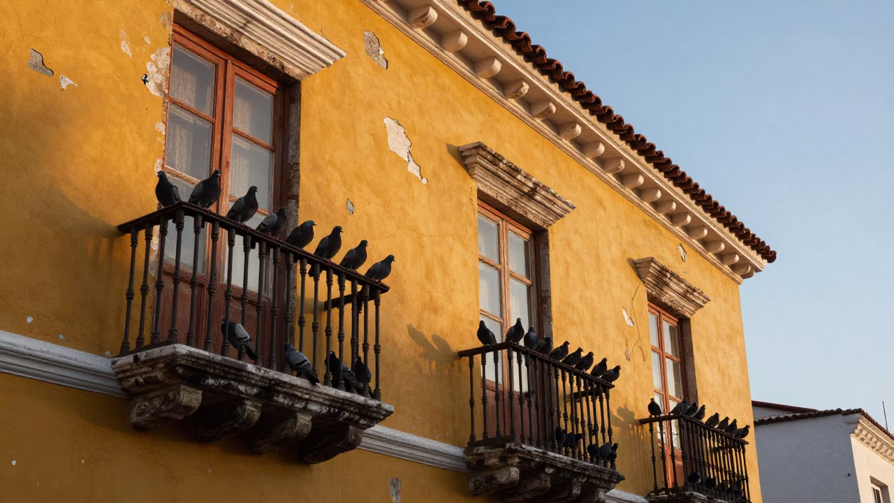 Dawn Light on Colonial Balconies in Cartagena Colombia with Pigeons in in Cartagena, Colombia