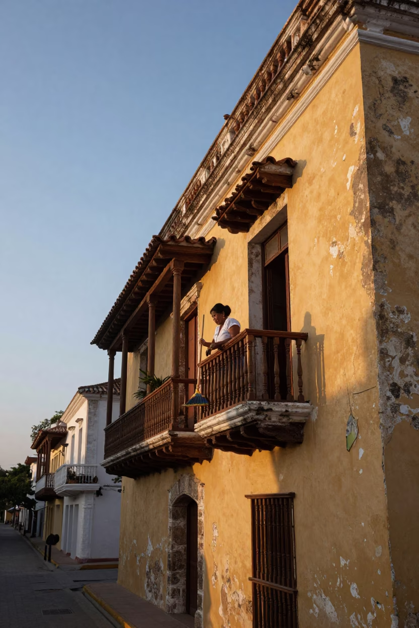 Dawn Light on Colonial Balcony in Cartagena Colombia with Hand Broom and Stool in in Cartagena, Colombia