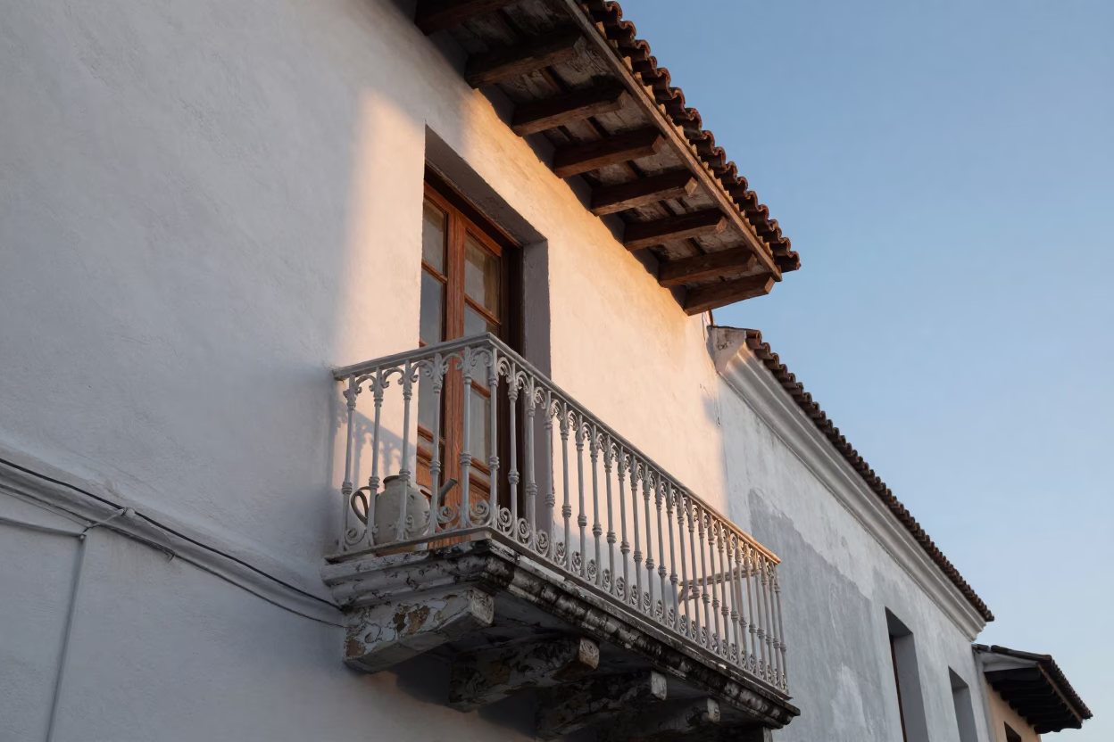 Dawn Light on Colonial Balcony in Cartagena Colombia with Watering Jug and Glass Carafe in in Cartagena, Colombia