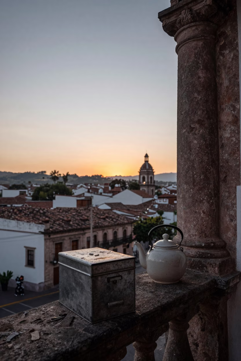 Dawn Light on Colonial Balcony in Quito Ecuador with Tea Kettle and Tin Box in in Quito, Ecuador