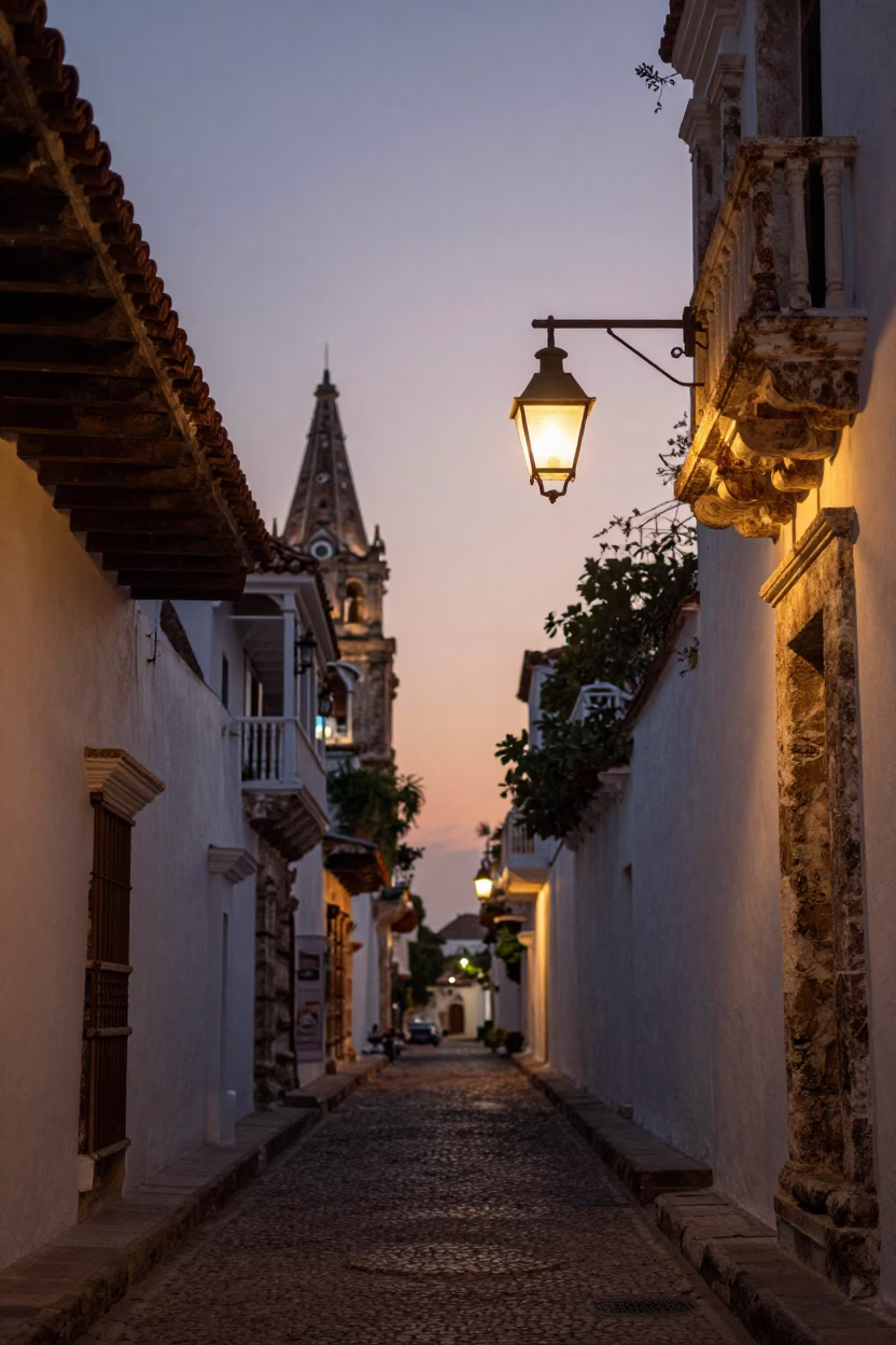 Dawn Light on Colonial Cartagena Street with Lantern and Ox Cart in in Cartagena, Colombia