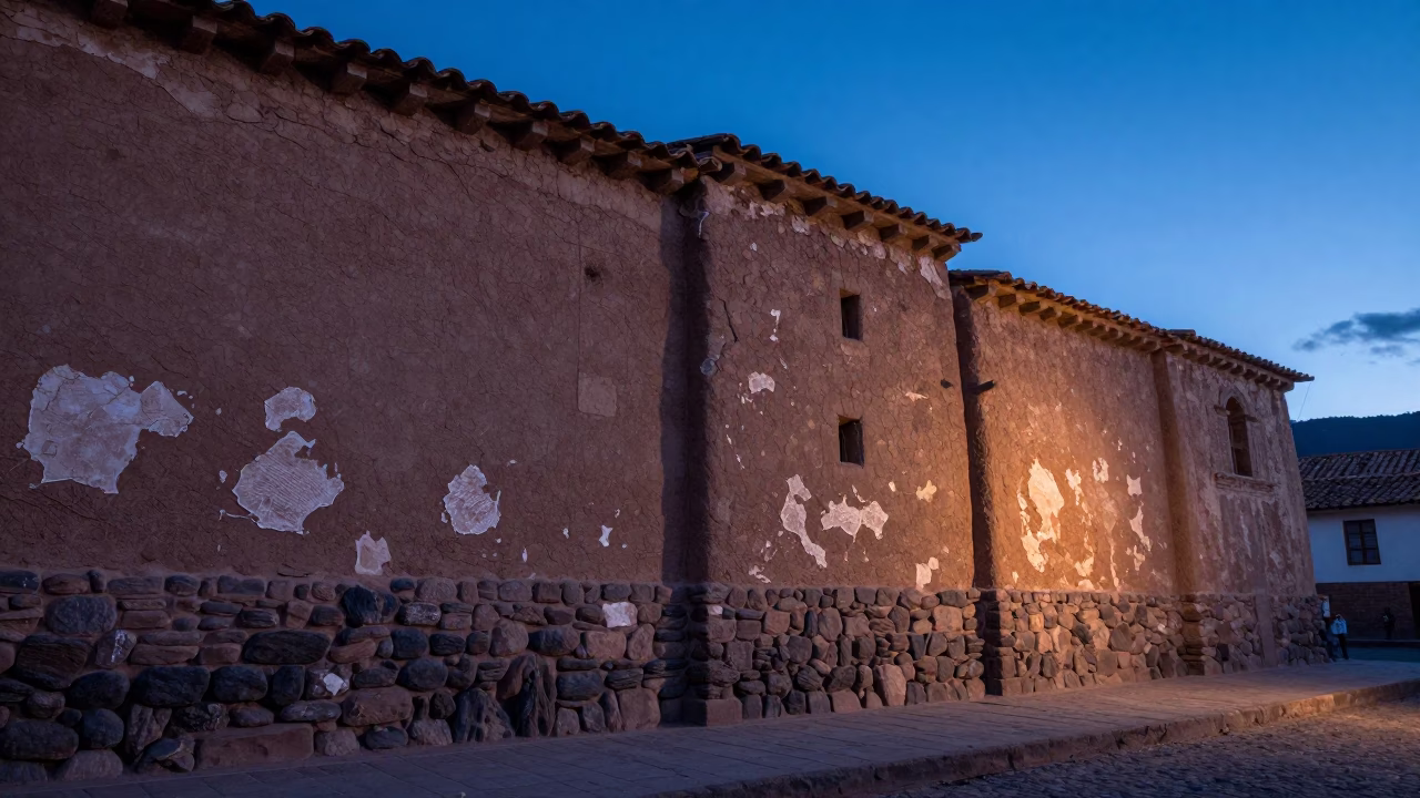 Dawn Light on Colonial Cusco Adobe Walls with Peeling Turquoise Paint and Stone Foundations in in Cusco, Peru