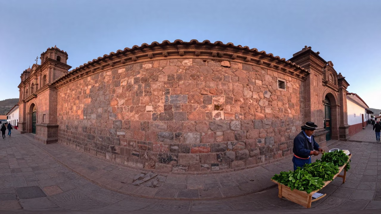 Dawn Light on Colonial Cusco Stone Walls and Traditional Market Produce in in Cusco, Peru