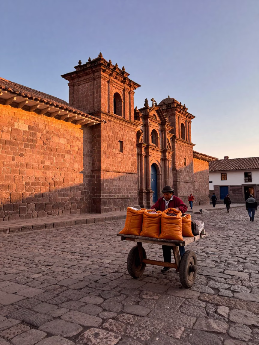Dawn light on colonial Cusco stone walls with local market activity and traditional textiles in in Cusco, Peru